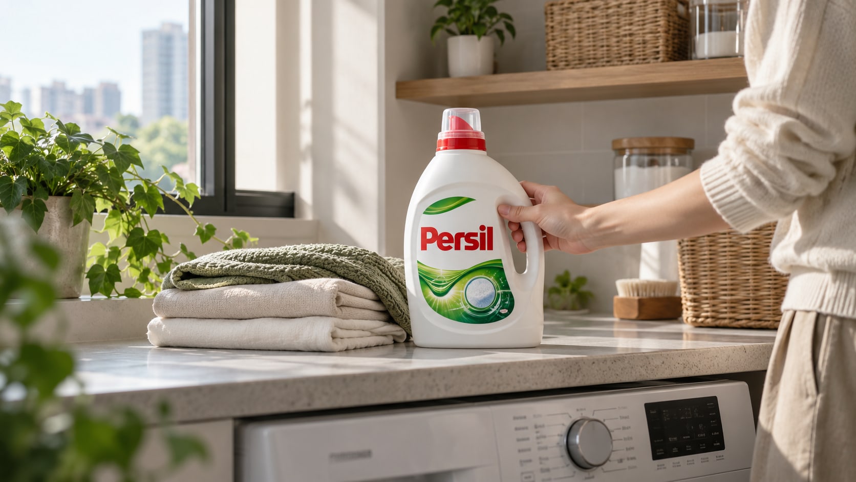 A person placing Persil detergent beside folded laundry in a sunlit home